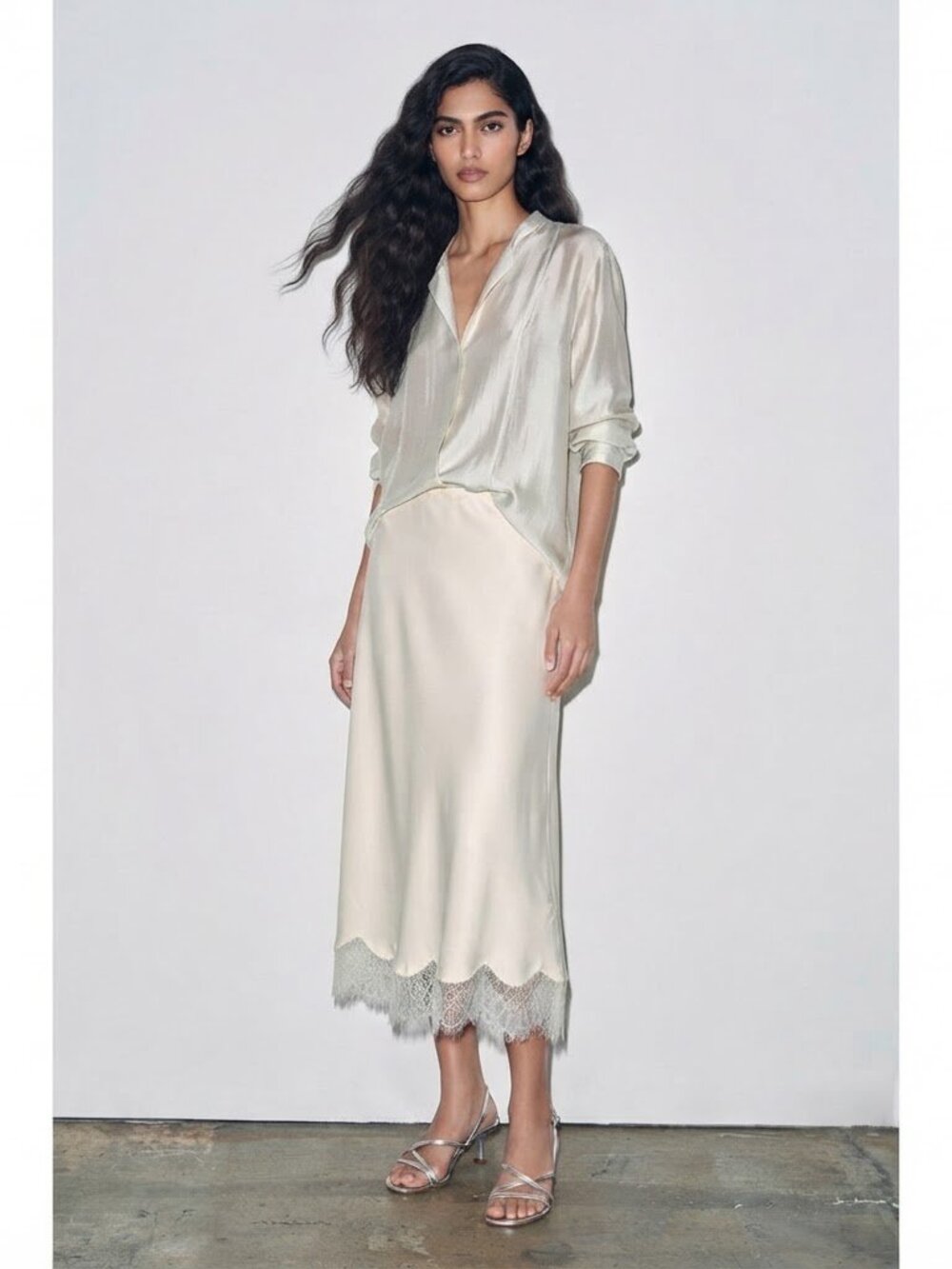 Zara Woman Collection Satin Effect Lace Midi Skirt in Ivory NWT